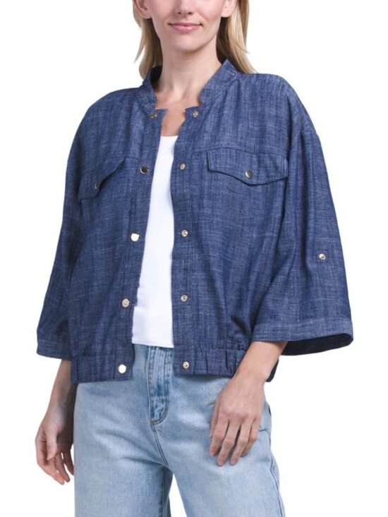 Ellen Tracy Jackets & Blazers - ELLEN TRACY Linen Blend Three-quarter Sleeve Chambray Bomber